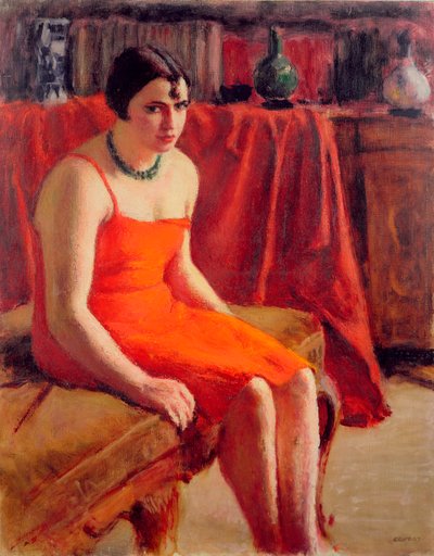 Donna seduta in un vestito rosso, 1929 da Roderic O Conor